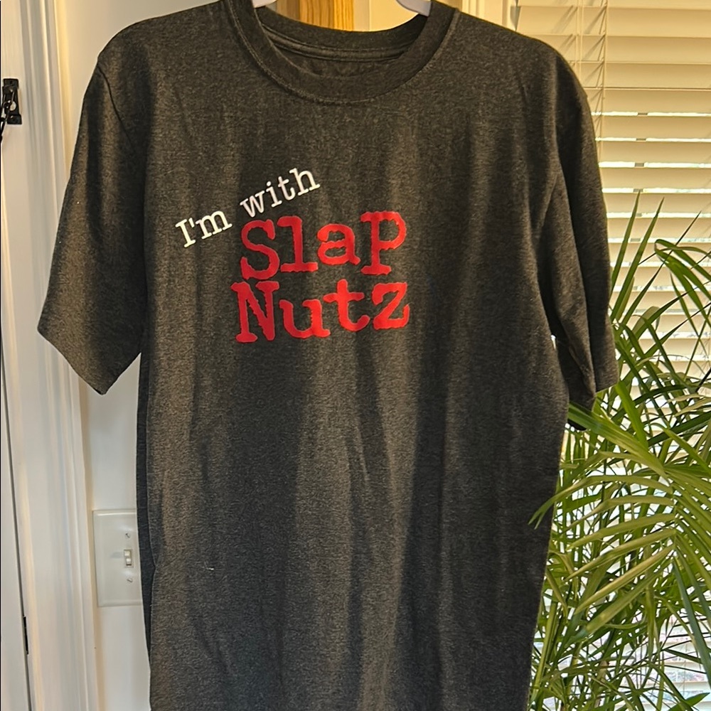 Gray T-Shirt with Red and White Text I’m with Slap Nutz! Sz M